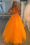 Robe de Bal a ligne Tulle Appliques Col en V Formelle Poire