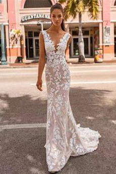 Robe de mariée Dos nu Sexy Sans Manches Col en V Appliques Col en V Foncé