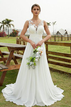 Robe de mariée Sans Manches a ligne Col ras du Cou Automne Plage Elégant