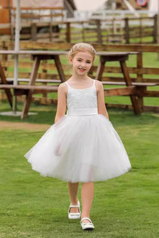 Robe Cortège Fille Tulle A-ligne Naturel taille Sans Manches Simple Nœud à Boucles