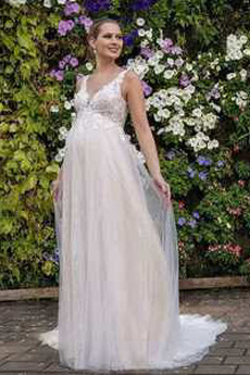 Robe de mariée Printemps Naturel taille noble Appliquer Col en V Maternité